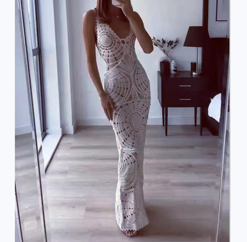 Women Knitting Hollow V-neck Dress Beach Dress 3