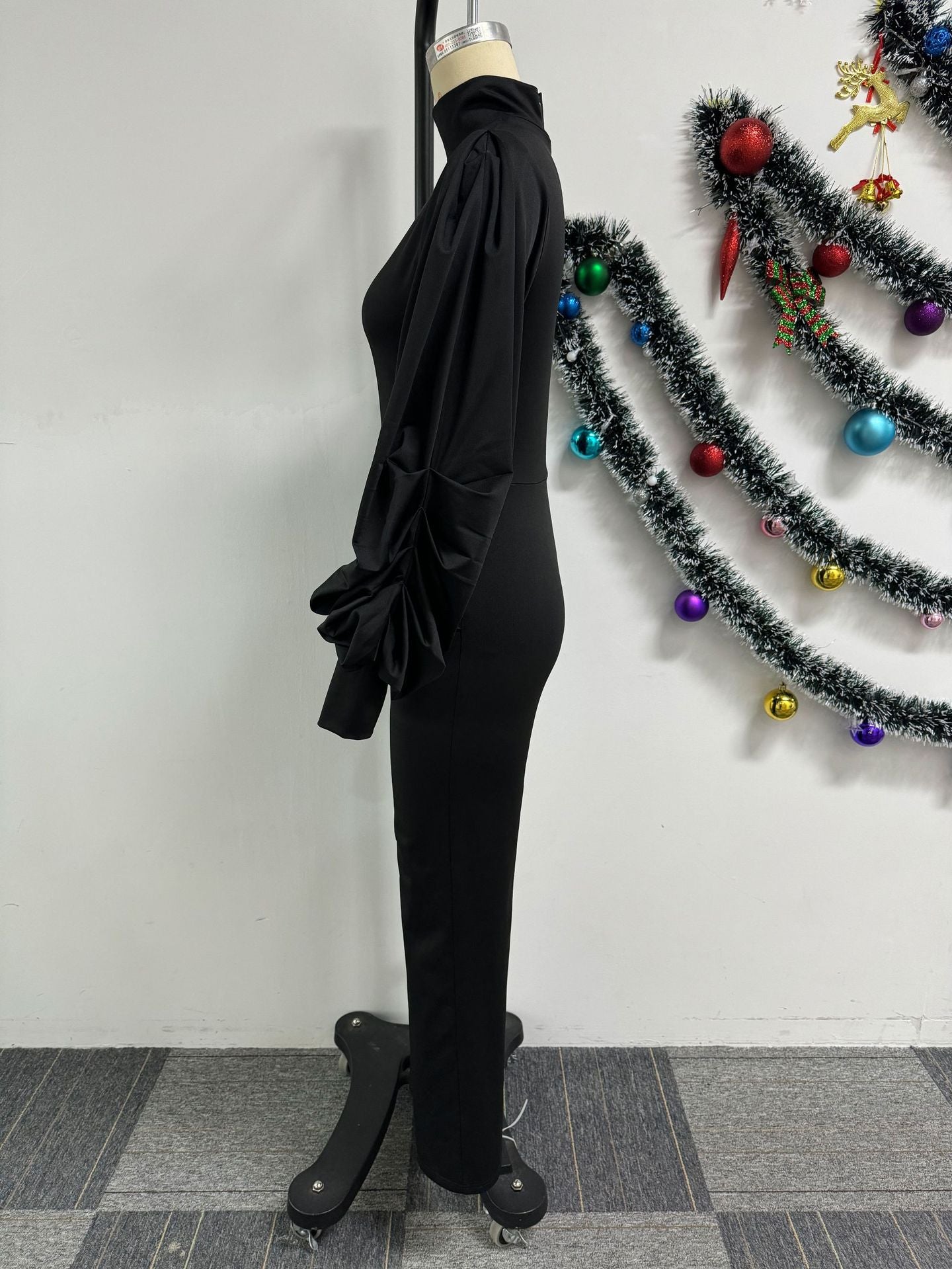 Sexy Pleated Balloon Sleeves Slim Waist Wide-Leg Jumpsuit 10