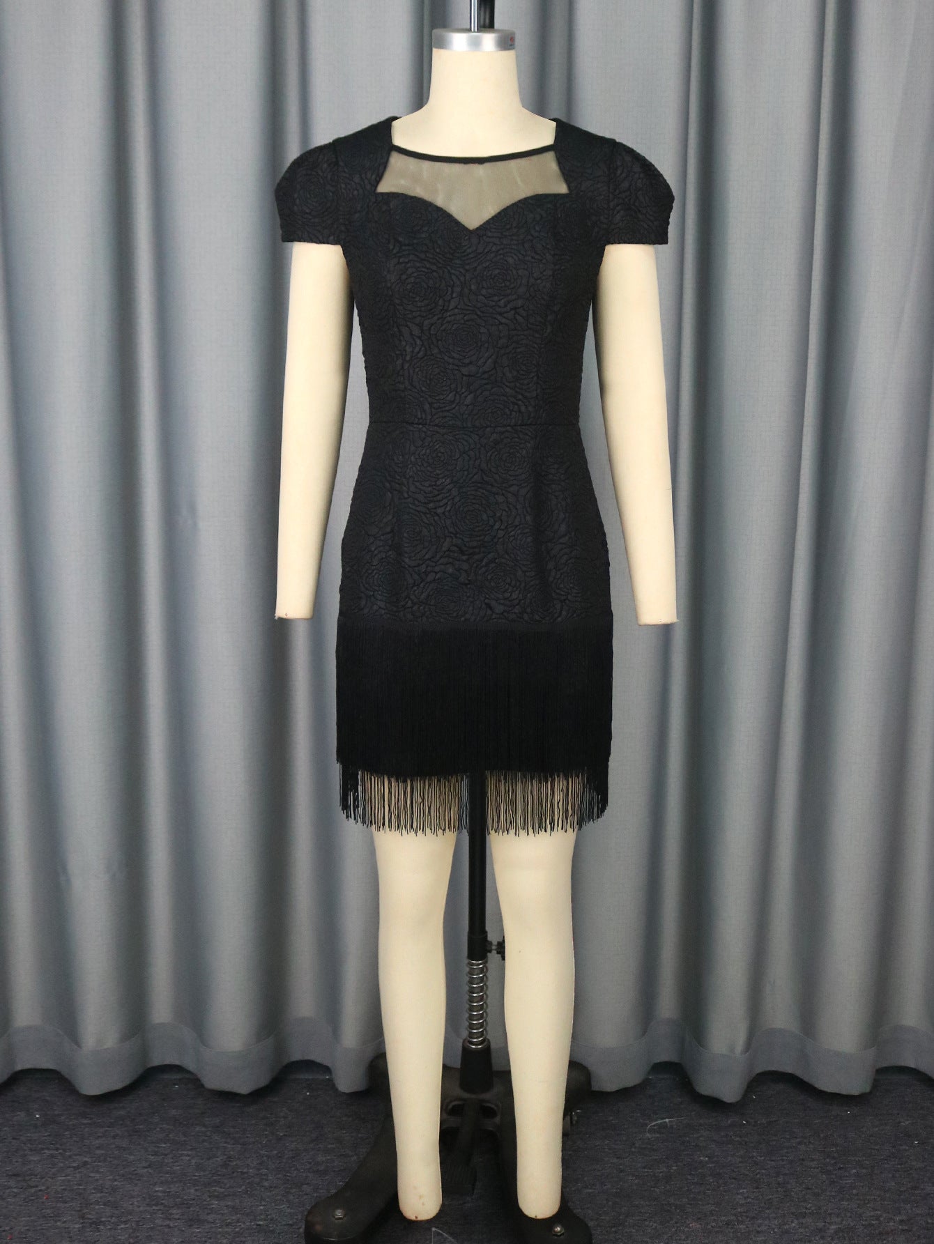Lace Cut-Out Black Round Neck Dress Fringe Chic Formal Party Gown 5