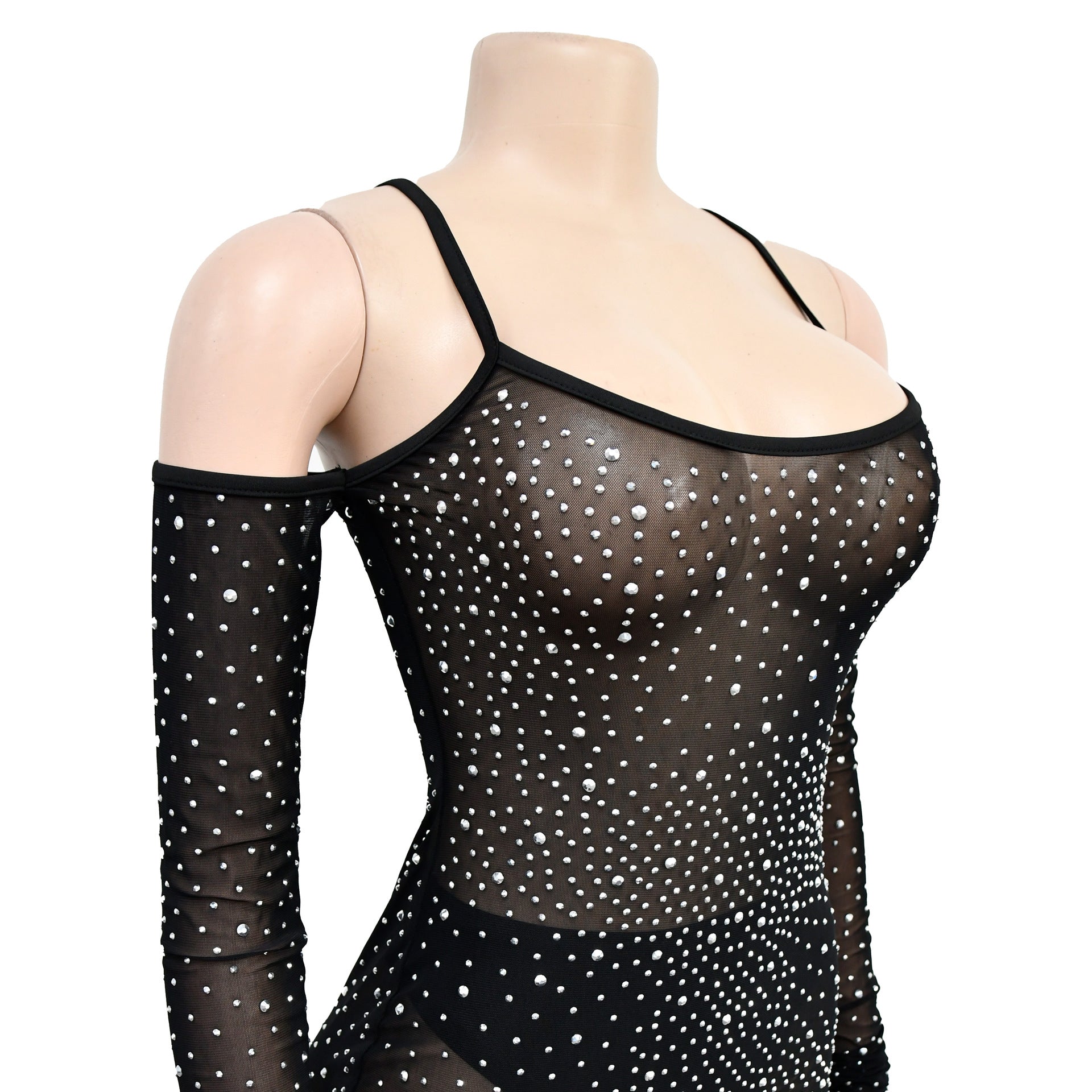 Women's Fashion Solid Color Mesh Beaded See-Through Slip Dress 18