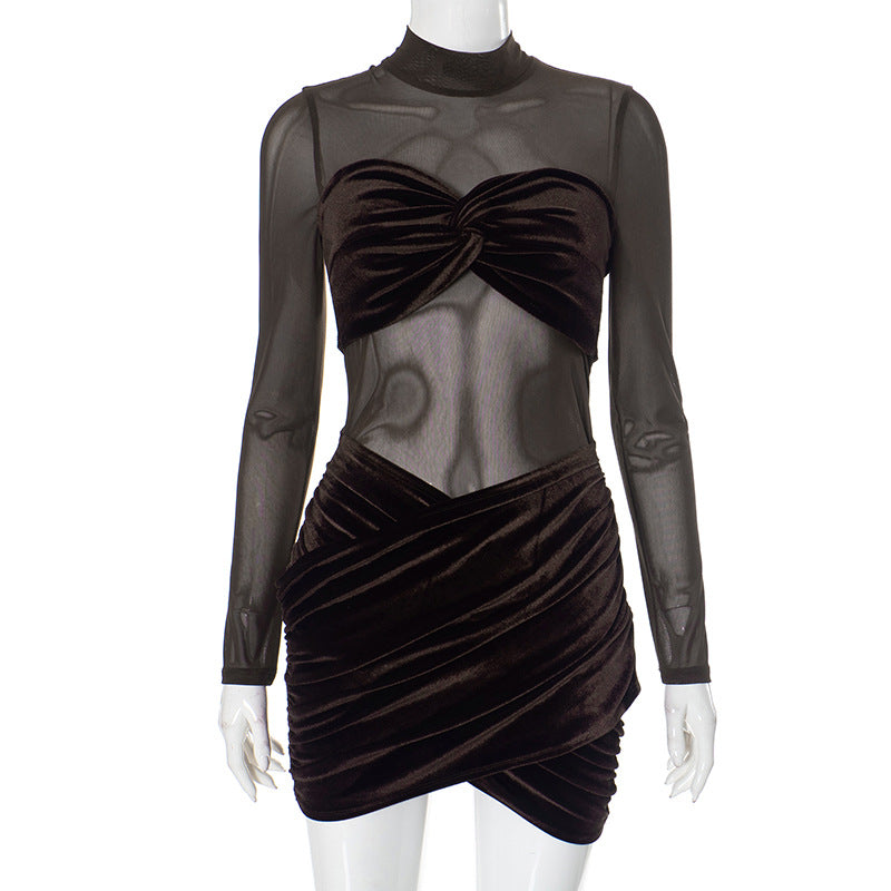 Women High Neck Velvet Mesh Patchwork Bodycon Dress 8