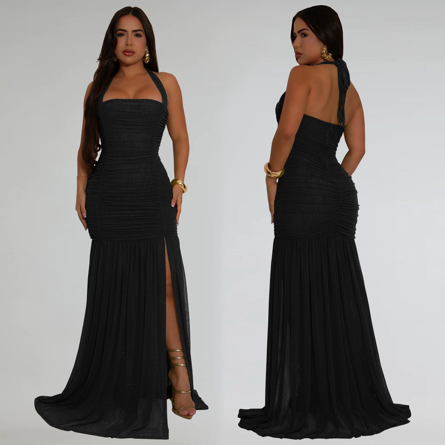 Women’s Summer Sheer High-Slit Solid Color Dress 3