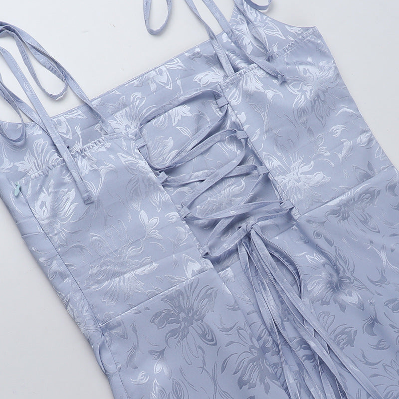 Women Summer Beach Holidays Backless Lace-Up with Jacquard Straps Slip Dress 17