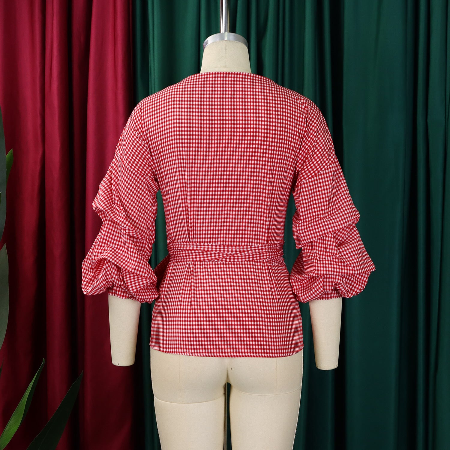Summer Plus Size Fashion V-Neck Bubble Sleeves Lace-Up Plaid Shirt Top 6
