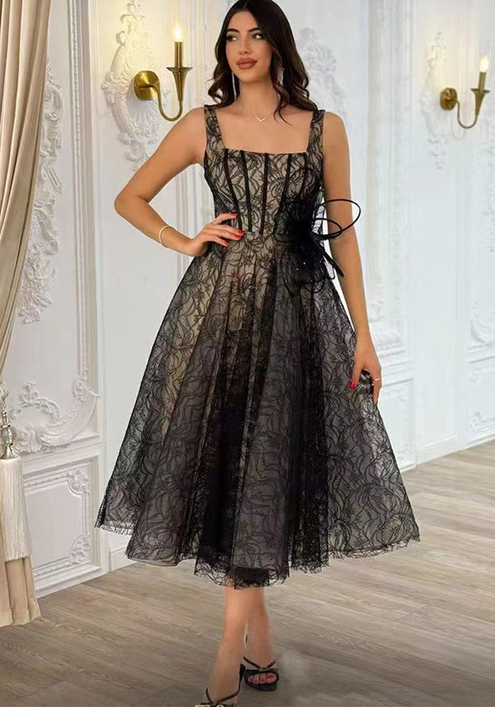 Women French Retro Summer Suspender Maxi Fishbone Lace Dress