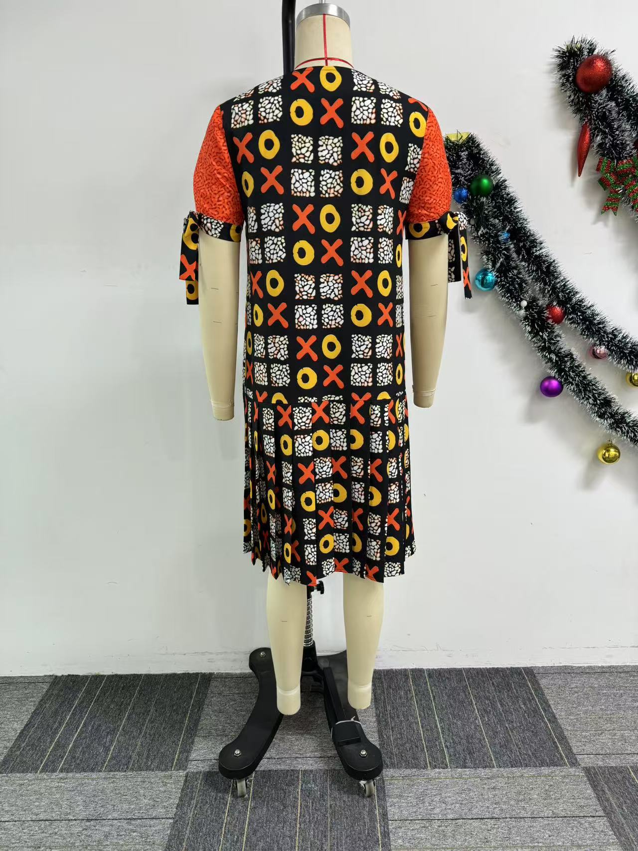 Women elegant zipper contrast color pleated Lace-Up Dress 6