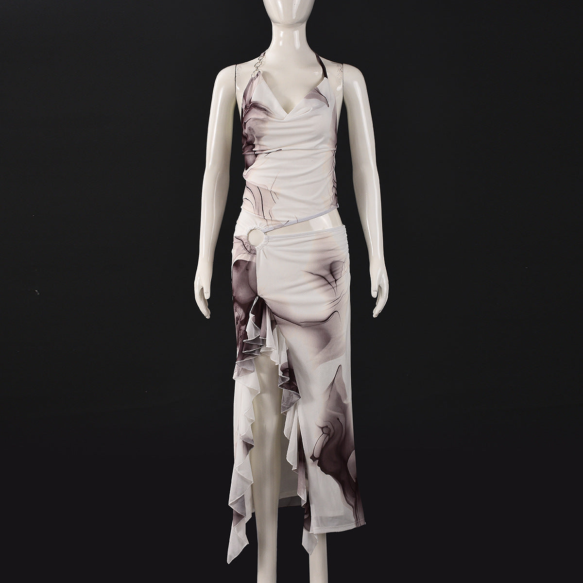 Women's Spring/Summer Contrast Color Halter Neck Irregular Print Dress 9