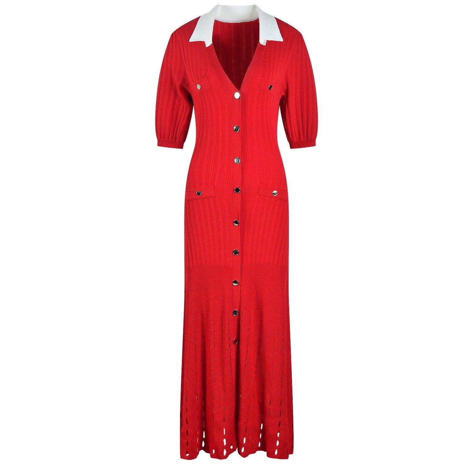 Women French Elegance Turndown Collar Contrast Hollow Short Sleeve Knitting Dress 9