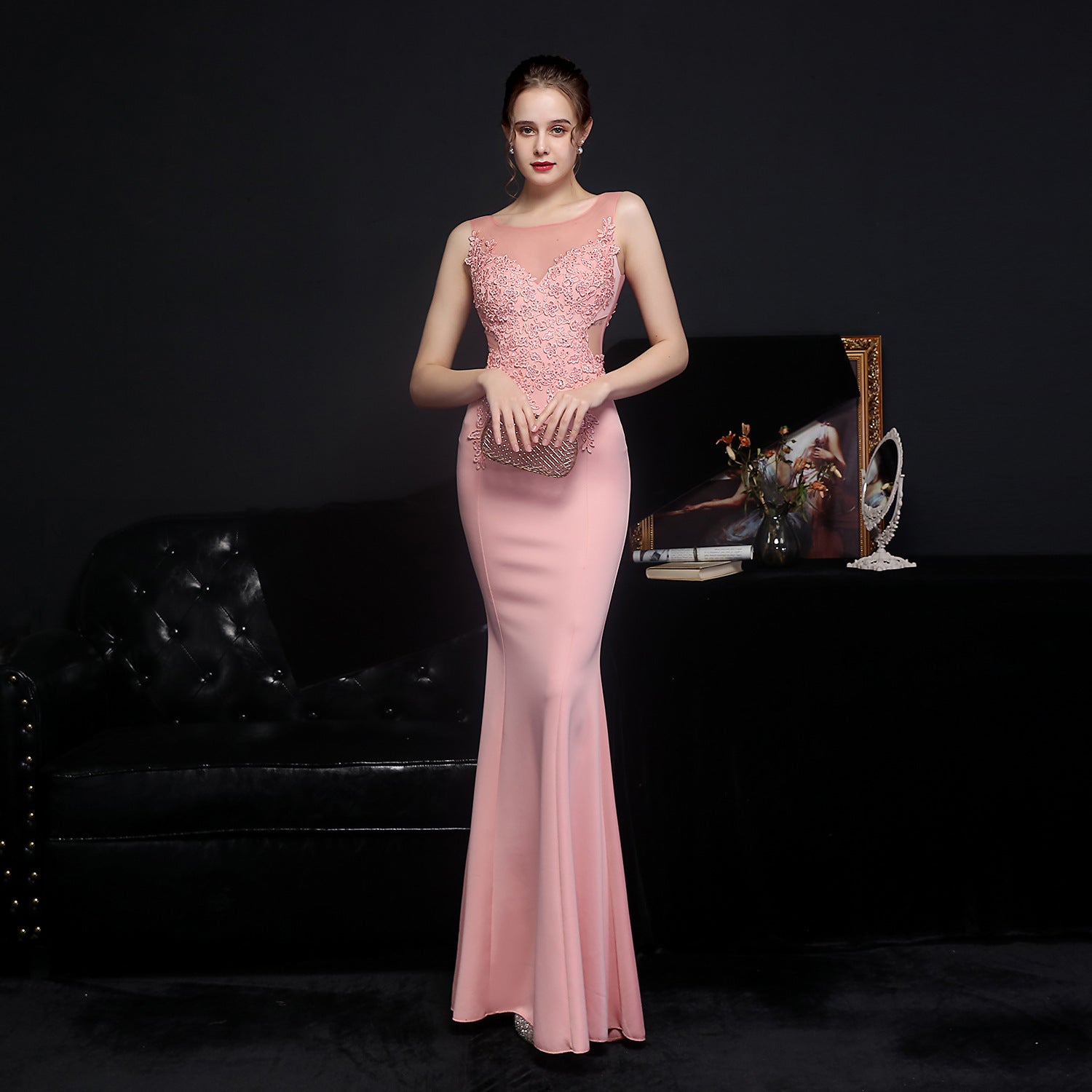 Women Lace Rhinestone Fishtail Evening Dress 3