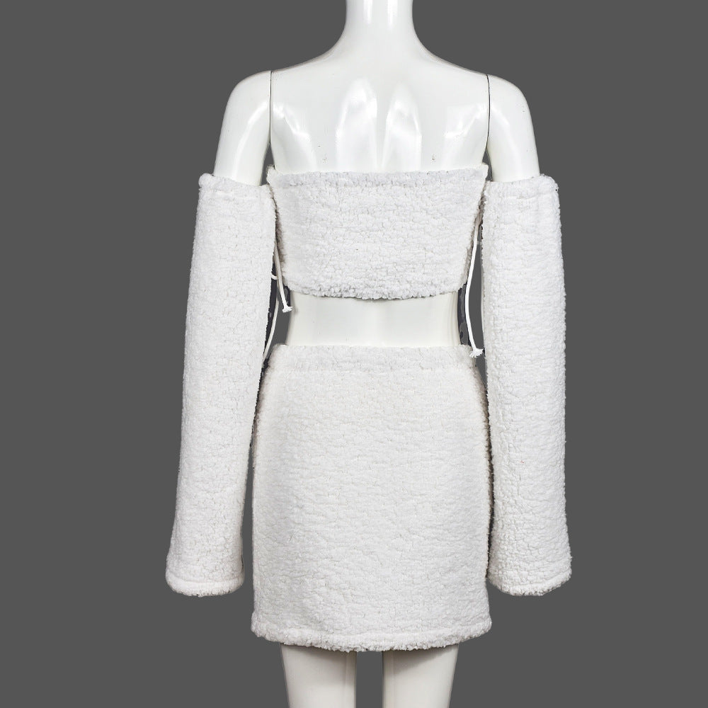 Winter Women Sexy Strapless Furry Top Bodycon Skirt Three-Piece Set 8