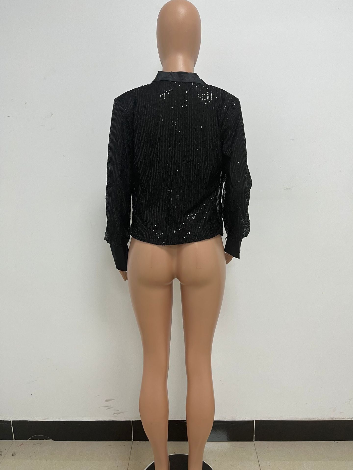 Women's Deep V Pleated Loose Ladies Chic Sequin Long Sleeve Shirt 39