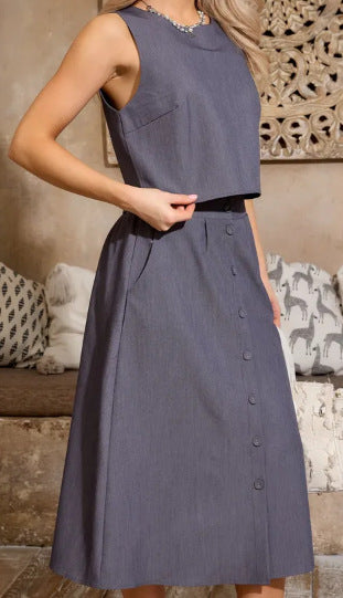 Women Casual Solid Round Neck Top and Skirt Two Piece Set 21