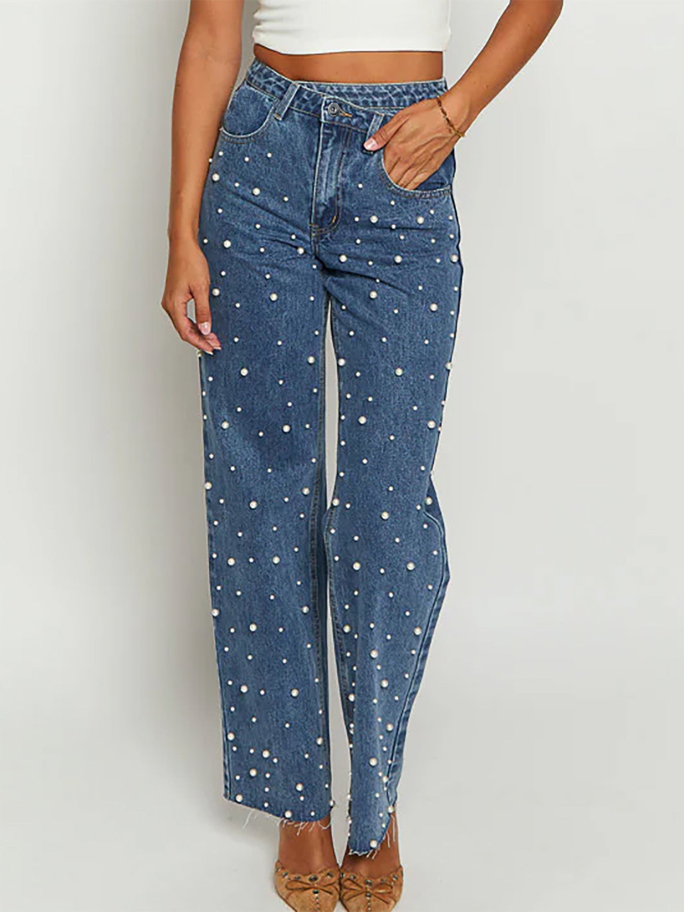 Women's Clothing Beaded Straight Denim Trousers
