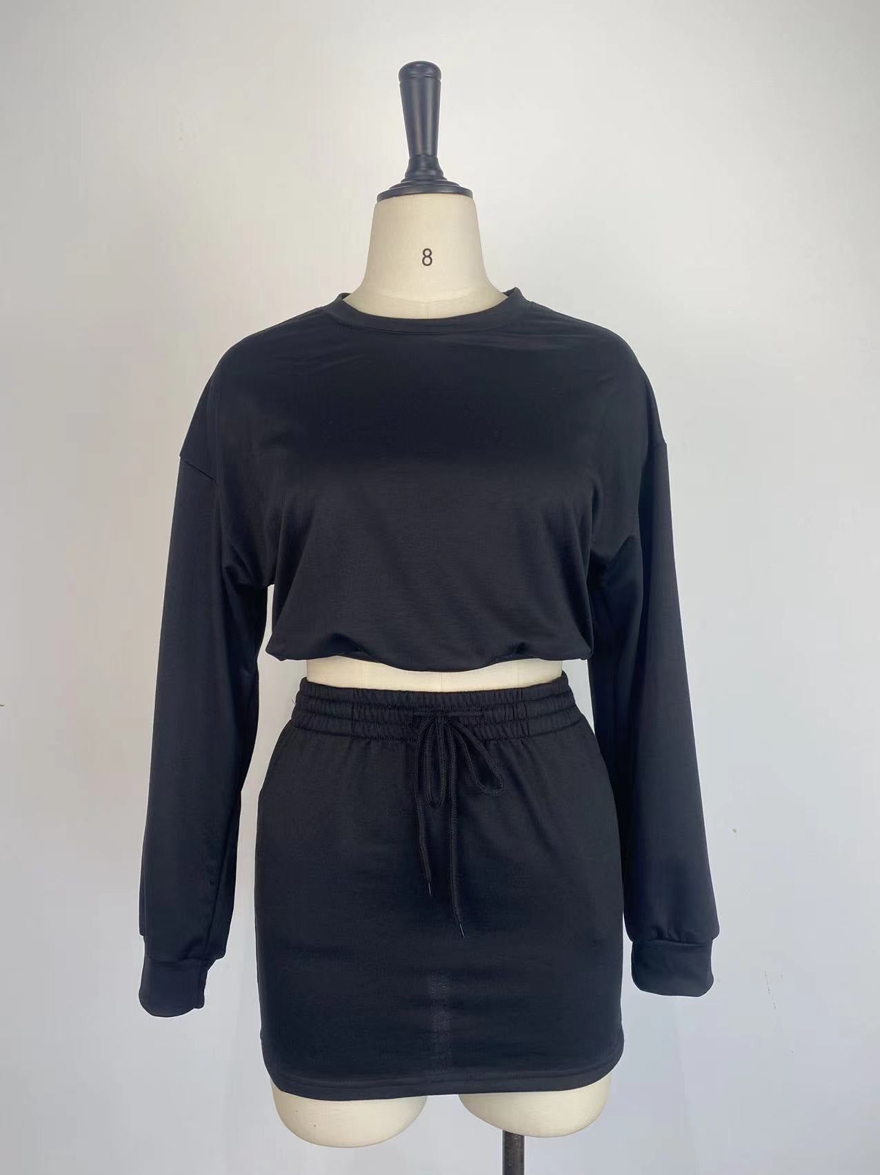 Women Long-Sleeved Solid Bodycon Skirt Two-Piece Set 14