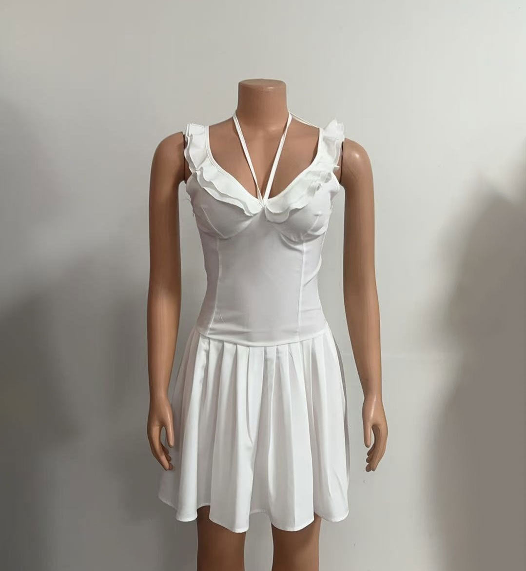 Women V-neck Lace-Up Ruffle Edge Off-shoulder Backless Solid Dress