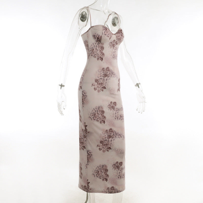 Sling Plunging Floral Print Maxi Dress Women's Chic Slim Waist Dress 9