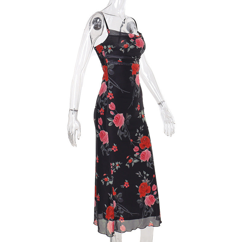 Women Spring Retro Flower Strap Bodycon Maxi Dress 8