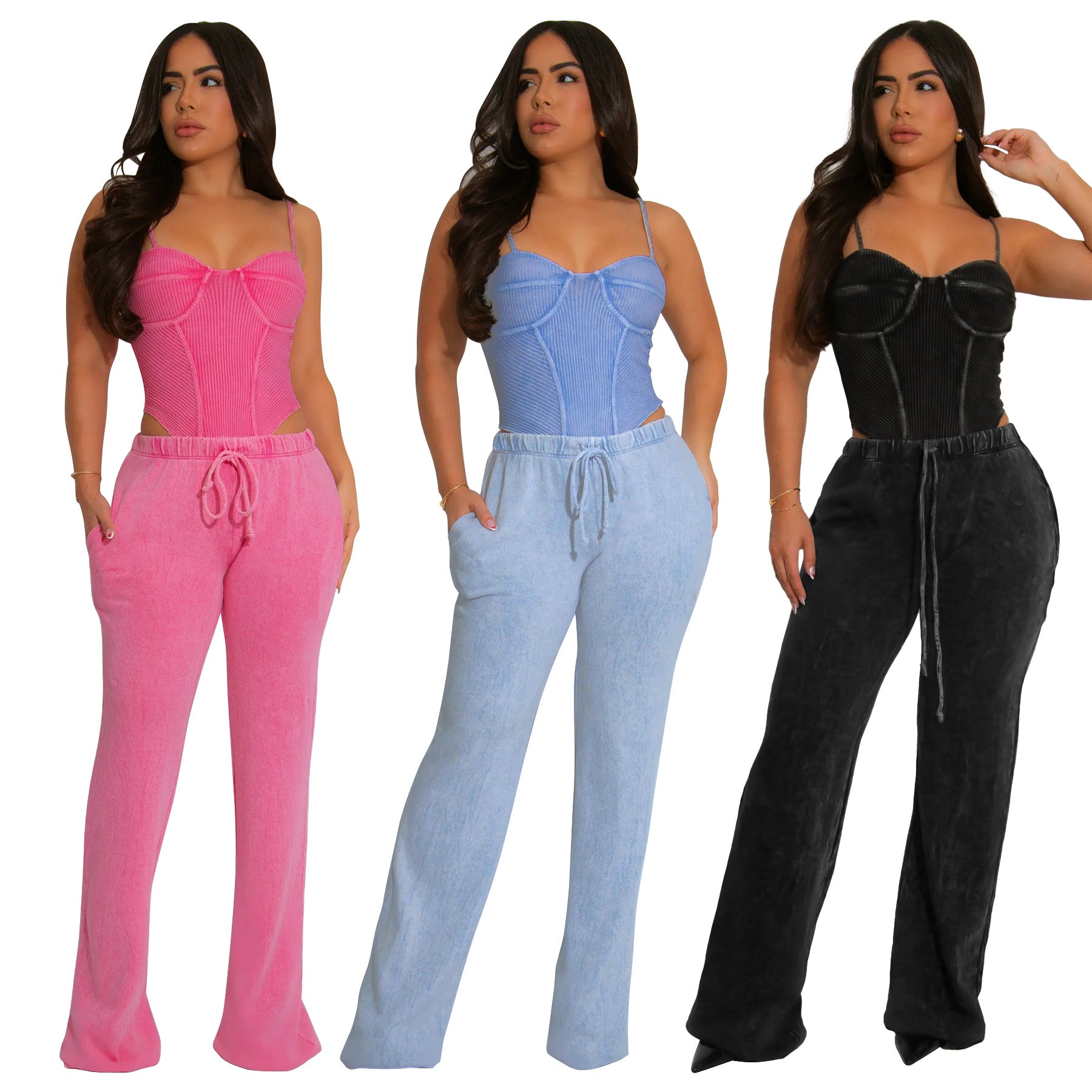 Women Sexy Cotton Washed Strapless Top and Pant Two-Piece Set 5