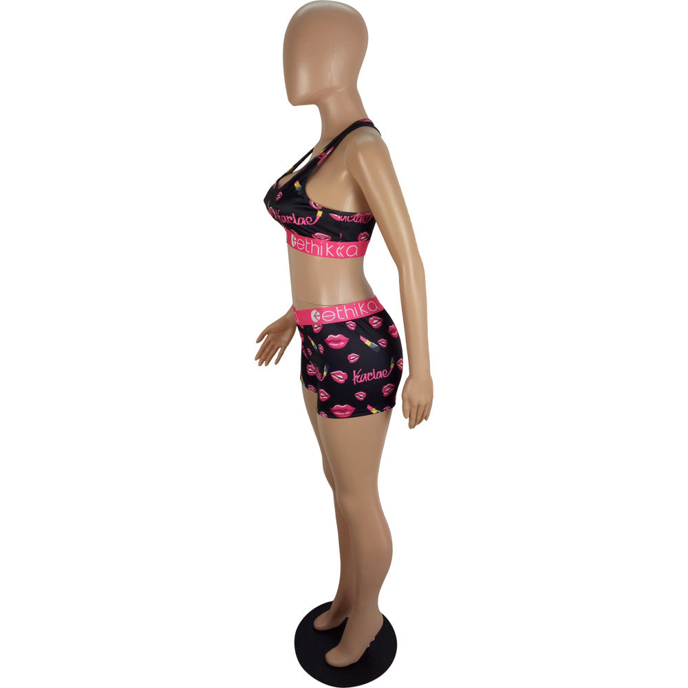 Women's Spring/Summer Slim Style Printed Sports Two-Piece Shorts Set 14