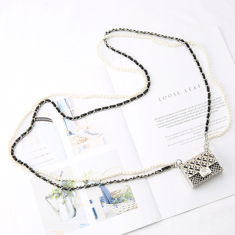 Women Hollow Diamond Earphone Bag Pearl Chain Waist Bag 8