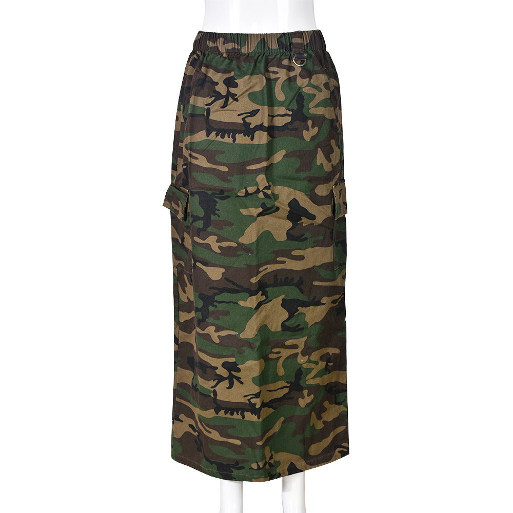 Elastic Waist Women's Spring and Summer Pocket Outdoor Fashion Style Camouflage Washed Skirt 12