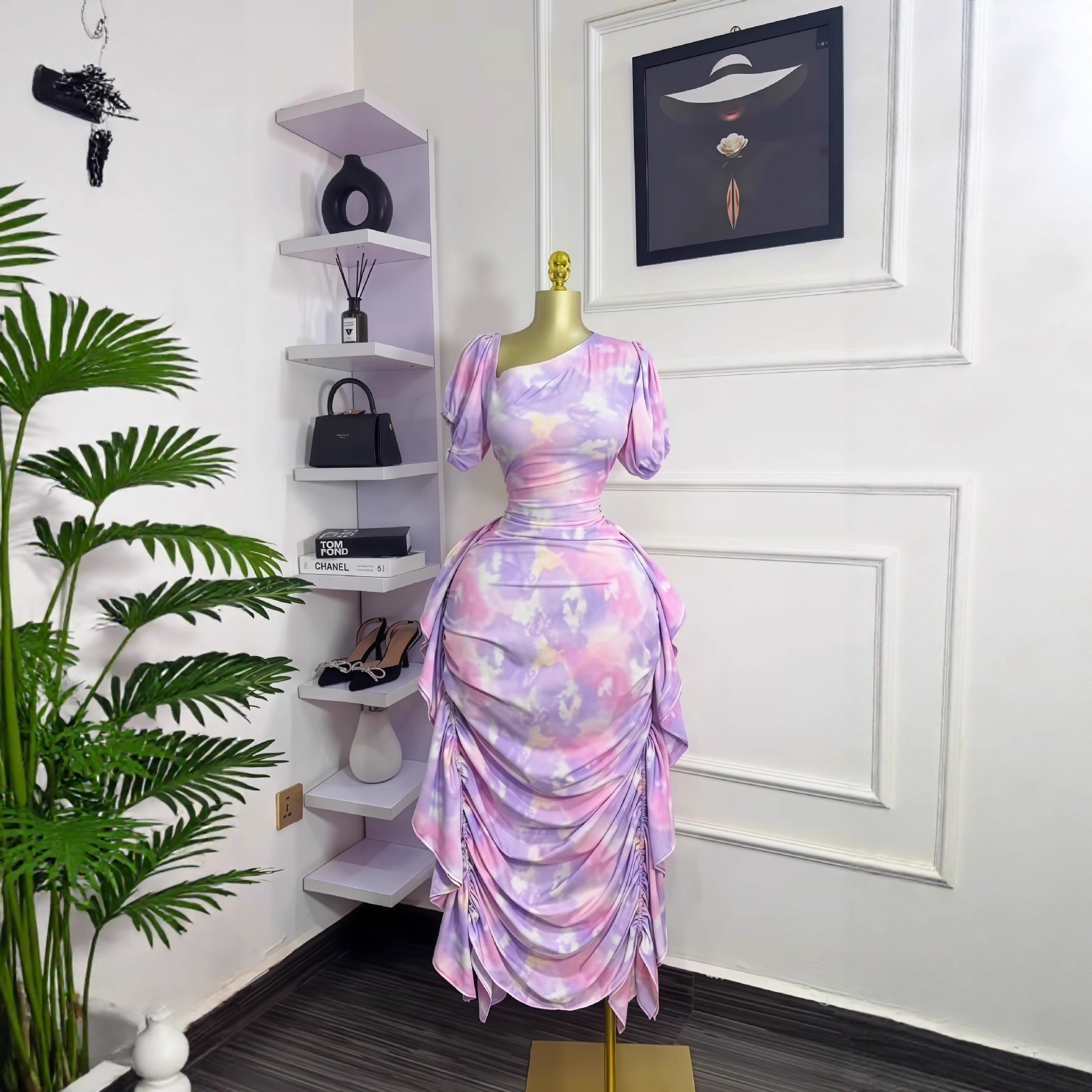 Women Puff Sleeve Slash Shoulder Printed Ruffled Dress 5