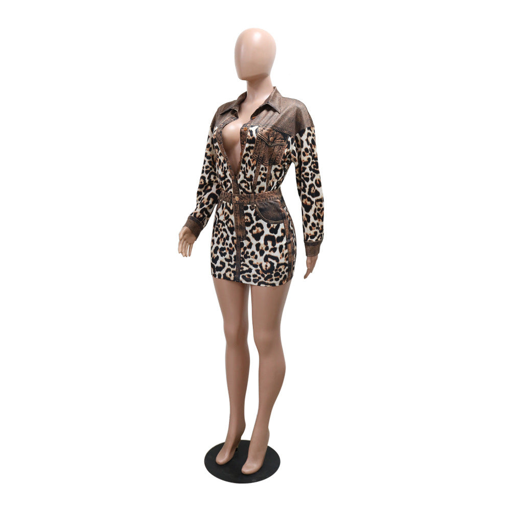 Leopard Print Long Sleeve Button Turndown Collar Top With Bodycon Short Skirt Two-Piece Set 8