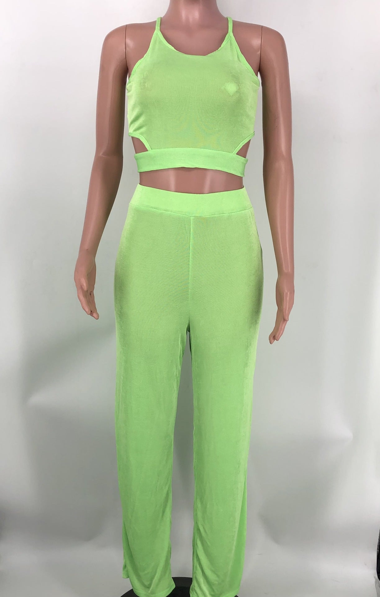 Women Halter Neck Crossover Crop Top andSolid Wide Leg Pants Two-Piece Set 17