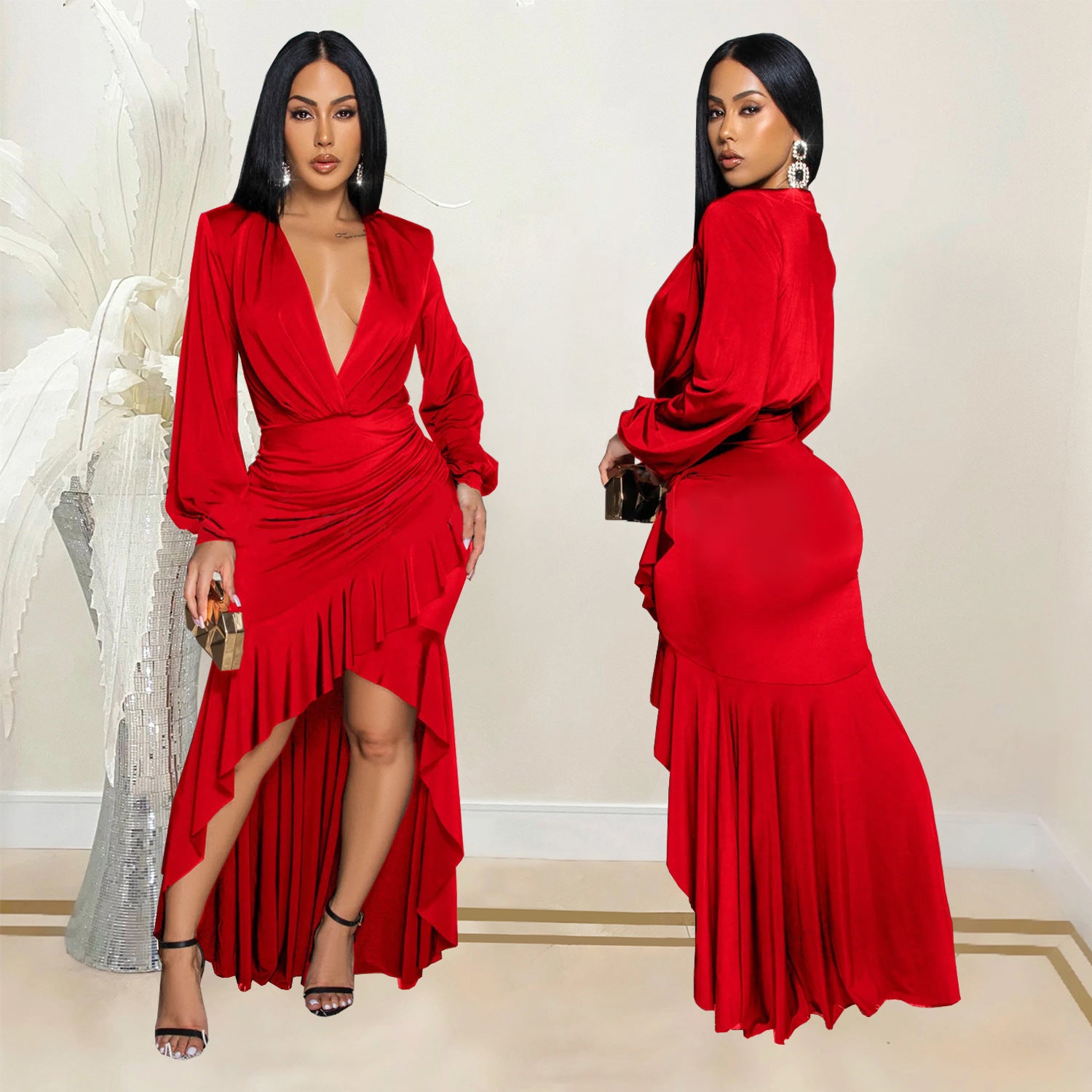 Women Elegant V-neck Slit Long Sleeve Solid Dress 3