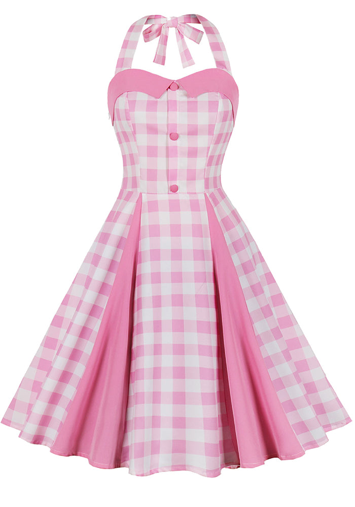 Women's  Summer Slim Waist Sweet Halter Neck Straps Pink Plaid Dress