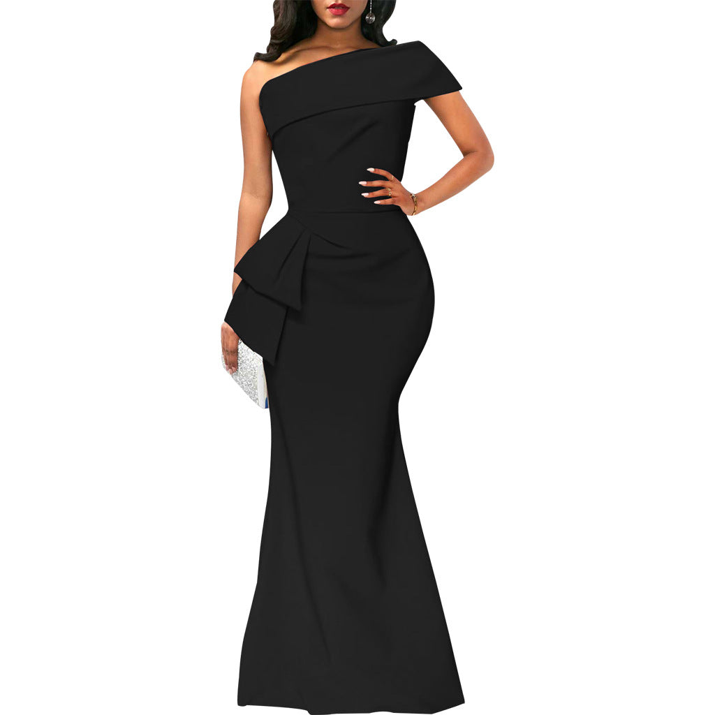 Women Sexy Solid One Shoulder Diagonal Irregular Dress 5