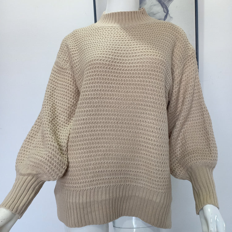 Women Half Turtle Collar Loose Solid Long Sleeve Side Slit Knitting Sweater 19