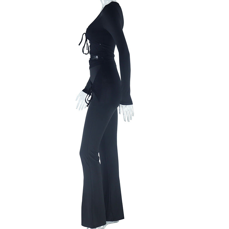 Women Solid Casual Mesh Patchwork Long Sleeve Top and Pants Two-piece Set 6