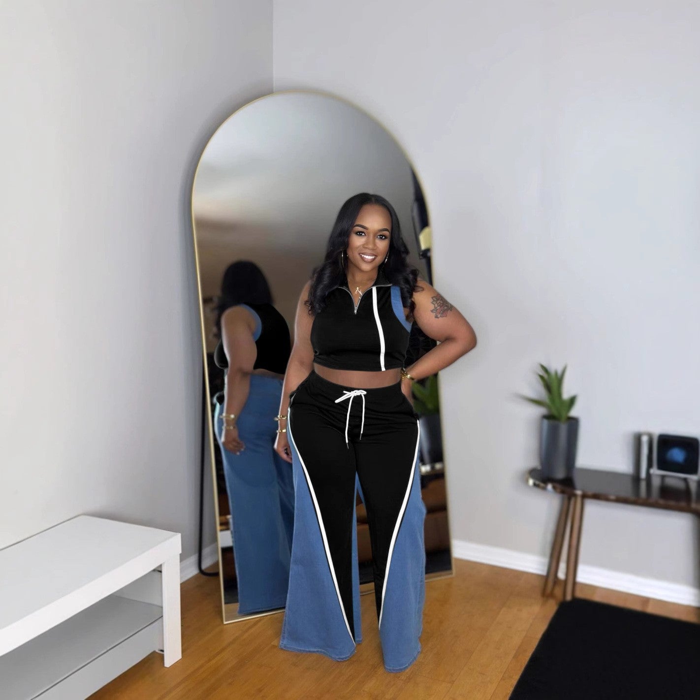 Women's denim patchwork sleeveless V-neck top wide-leg trousers two-piece set