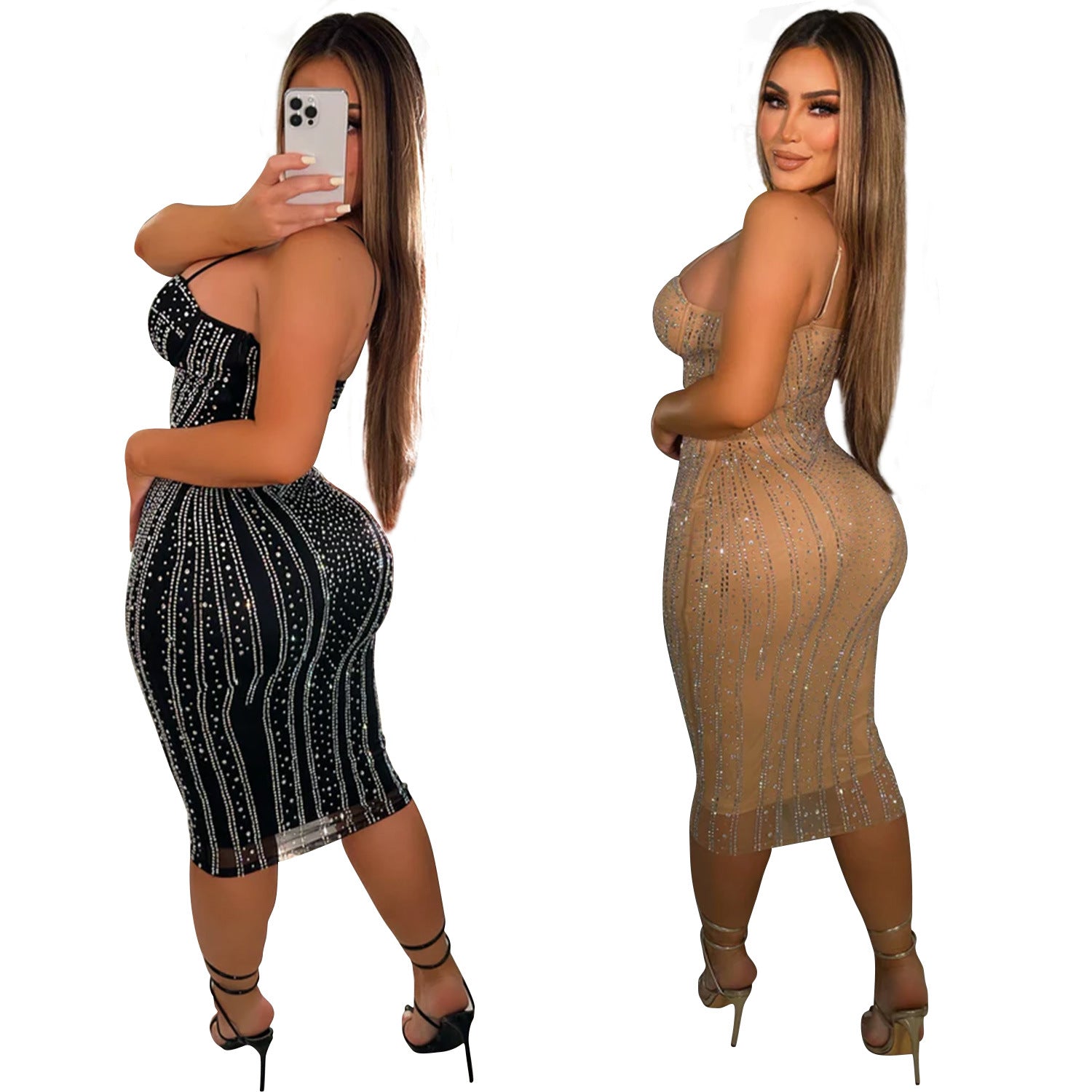 Fashion Women's Solid Color Sexy Beaded Mesh Strap Dress 7