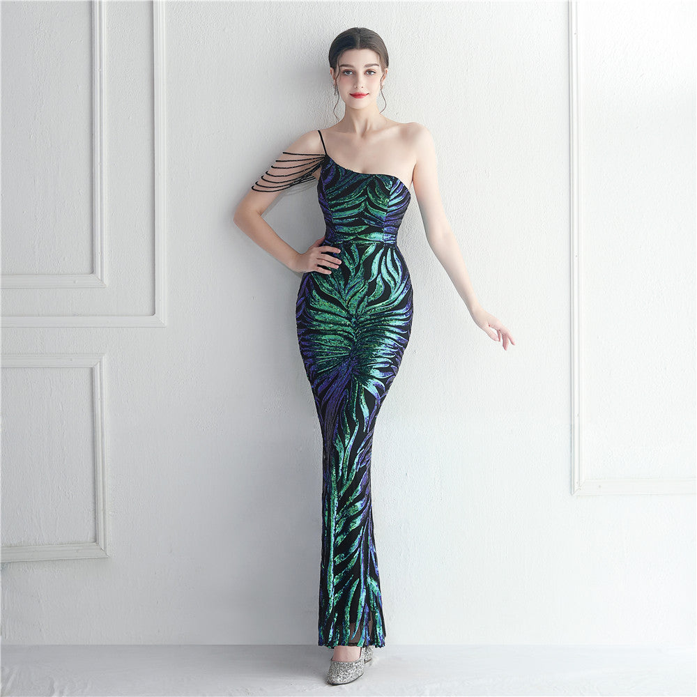 Beading Sexy Strap Slash Shoulder Formal Party Evening Dress Long Mermaid Cocktail Dress 7