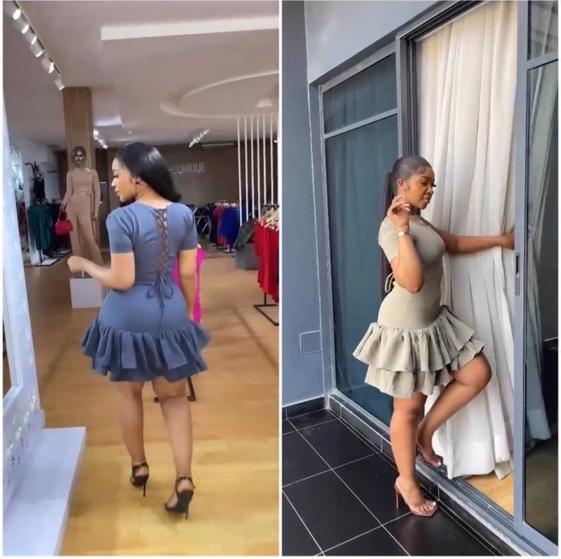 Women Short Sleeve Round Neck Lace-Up Ruffle Bodycon Dress 6