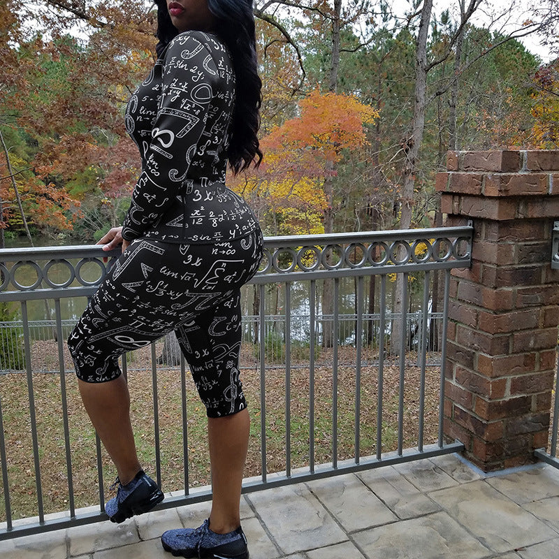 Women's Print Tight Fitting Long Sleeve Two-Piece Midi Shorts Set 4