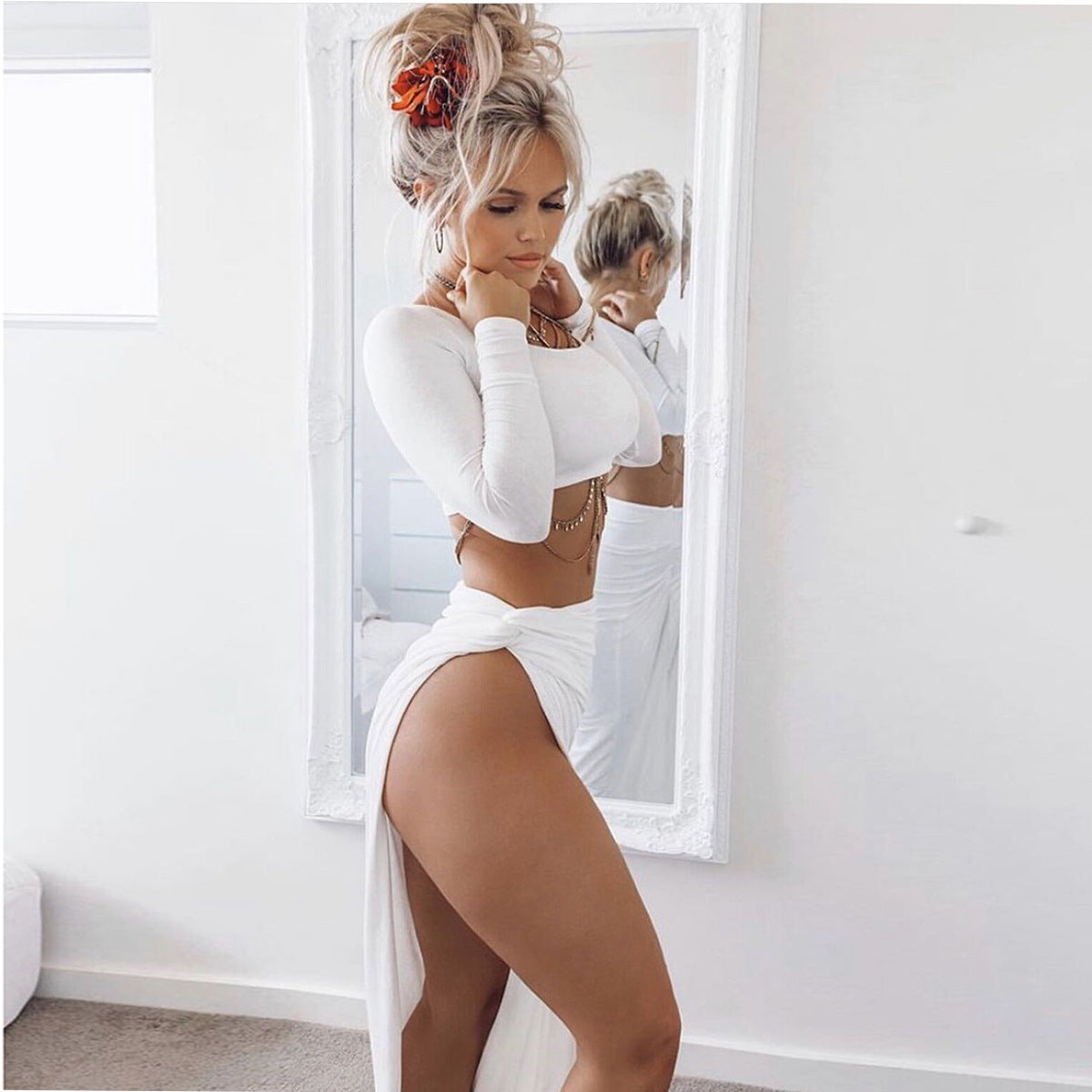 Spring Women'S Sexy Solid Long Sleeve Irregular Two-Piece Skirt Set 6