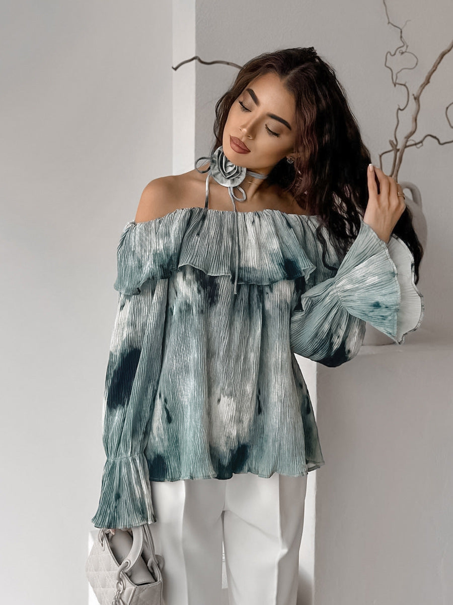 Women Floral Casual Print Off Shoulder Lace-up Bell Bottom Sleeve Top 4