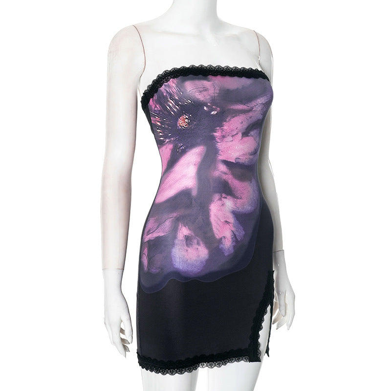 Women Spring and Summer Strapless Floral Print Lace Slit Bodycon Dress 7