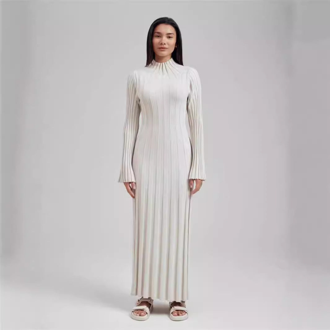 Women Casual Round Neck Wide Ribbed High-neck Knitting Dress 3