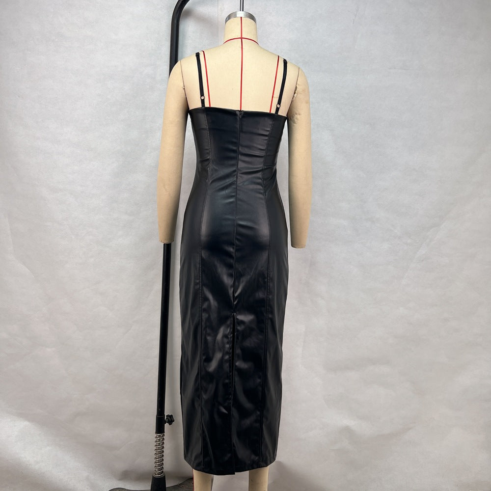 Women Spring Summer Pu-Leather Suspender Zipper Bodycon Dress 8