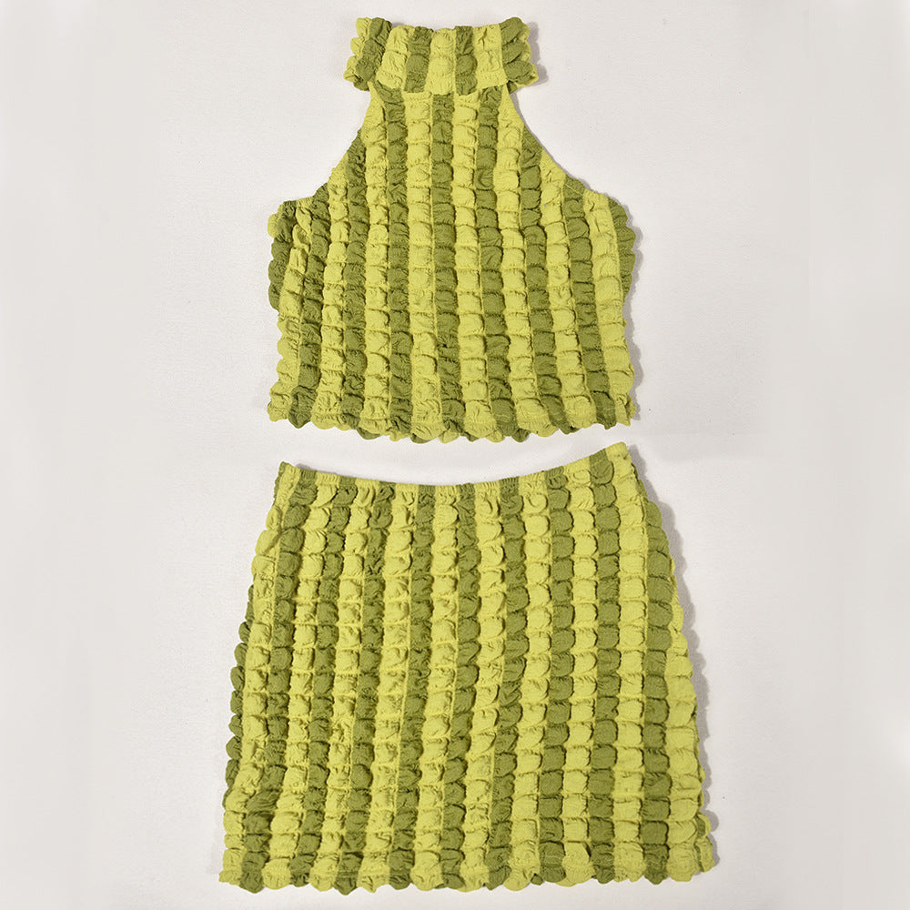 Women's Summer Halter Neck Low Back Crop Top and Skirt Two Piece Set 11