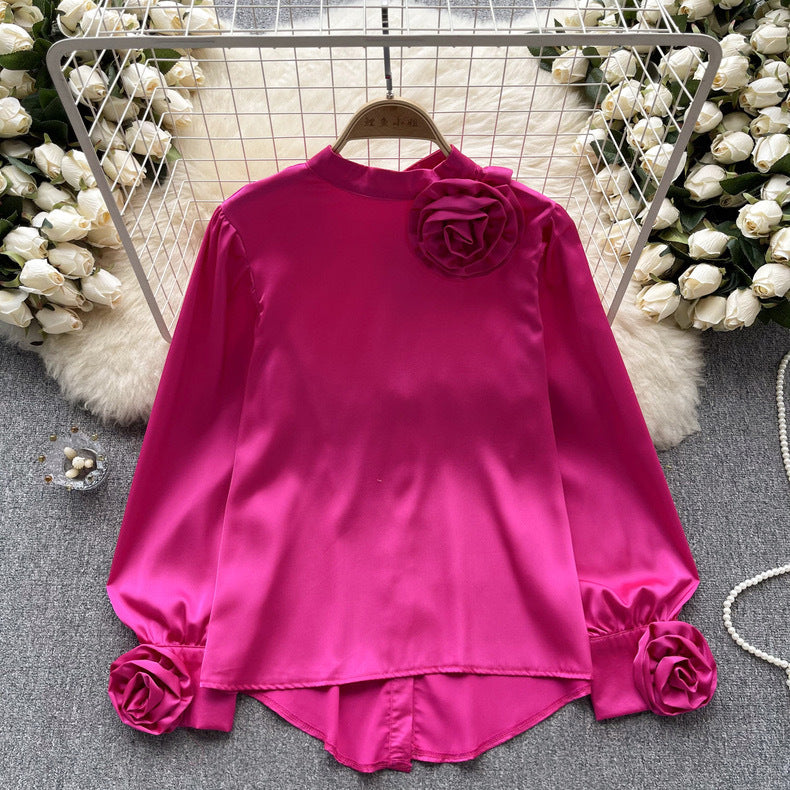 Women French Long Sleeve Chic Satin Shirt 11
