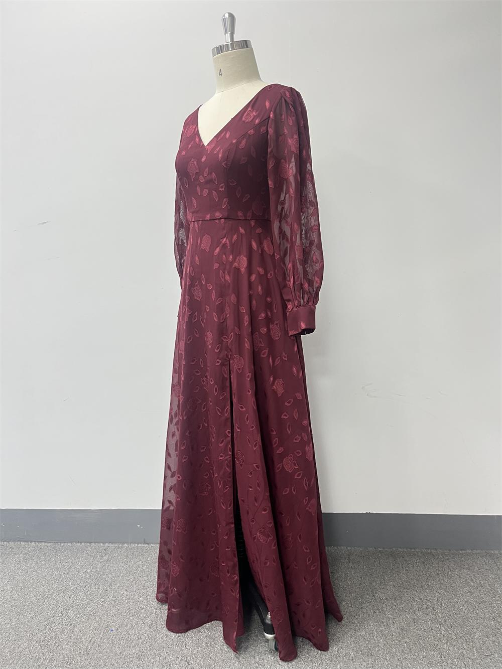 Autumn Long-Sleeve Double V-Neck High-Slit Lace Formal Dress with Full Lining 11