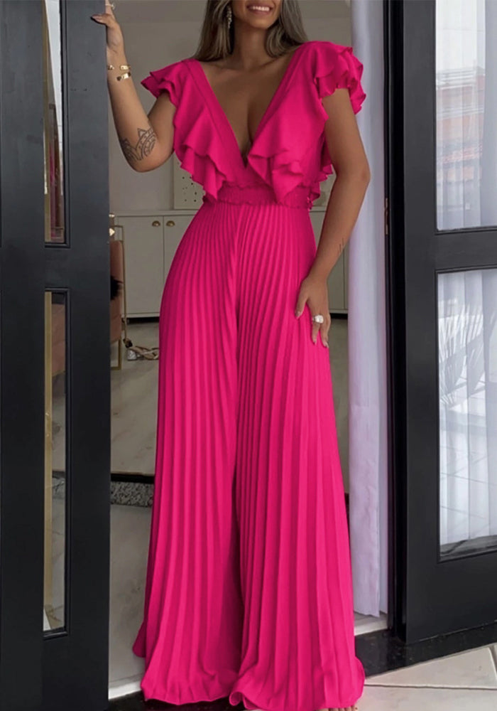 Women's Deep V Neck High Waist Sexy Ruffled Pleat Wide Leg Jumpsuit 5