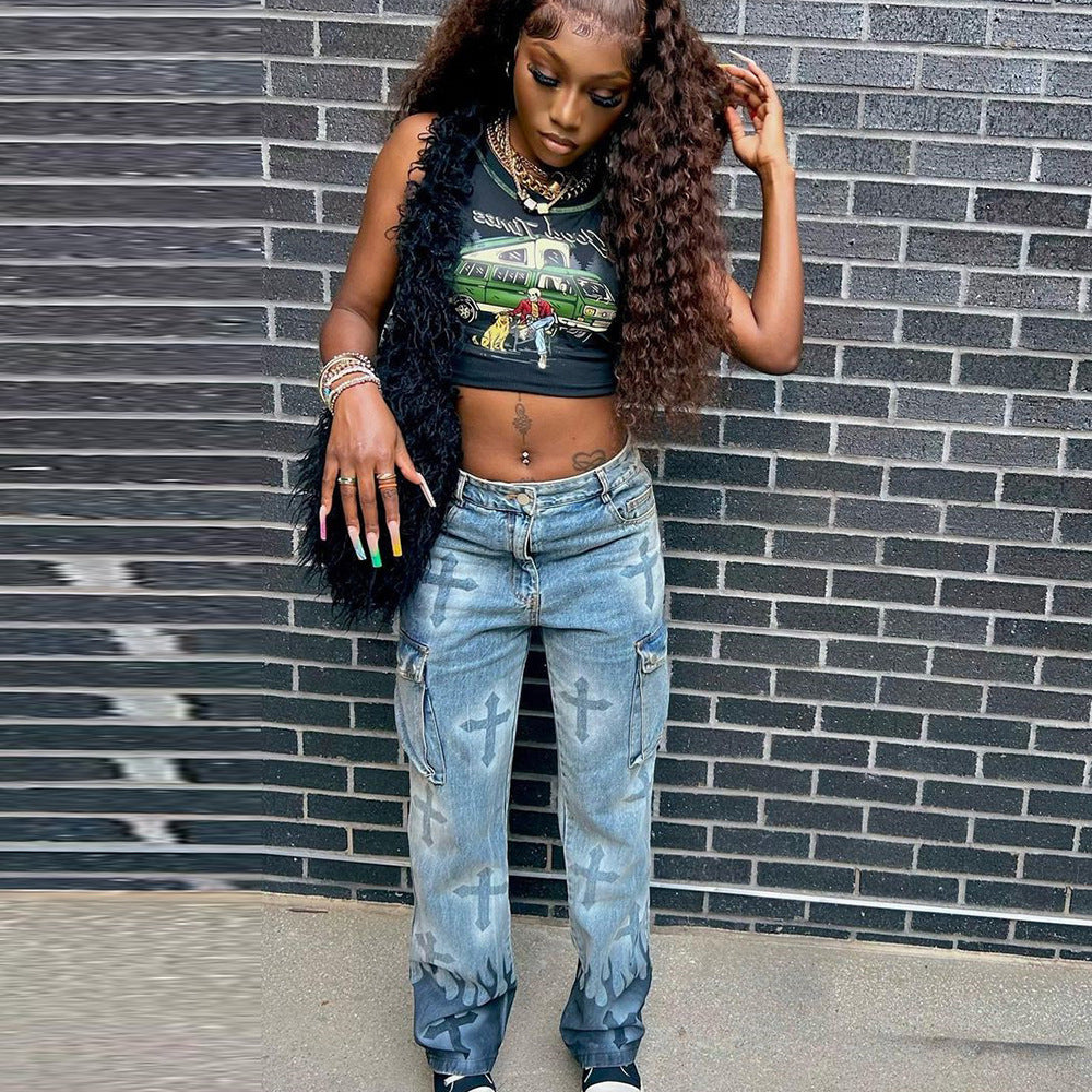 Women's Street Fashion Multi-Pocket Denim Pants