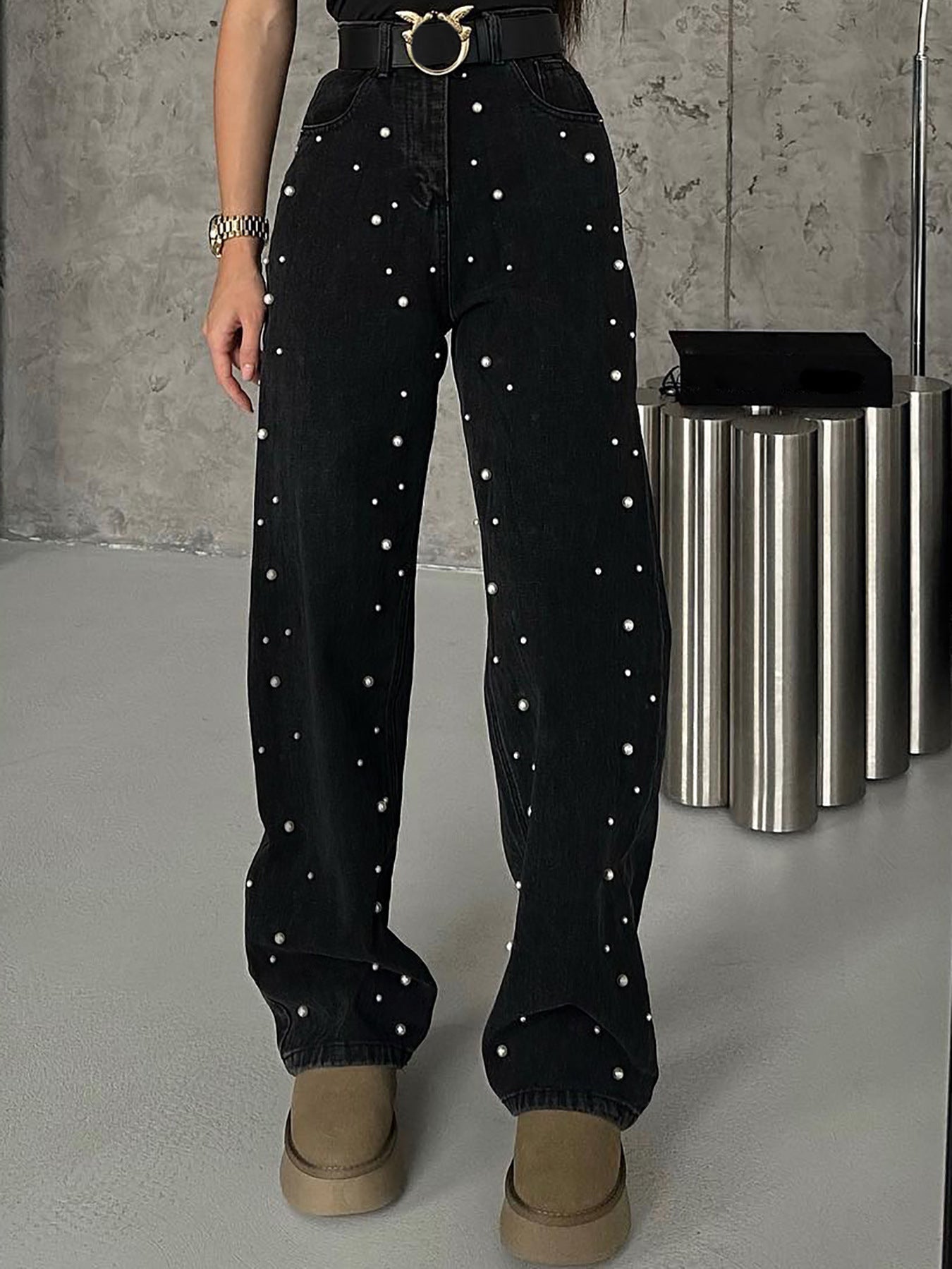 Women's Slight Stretch Beaded Casual Black Denim Straight Leg Pants