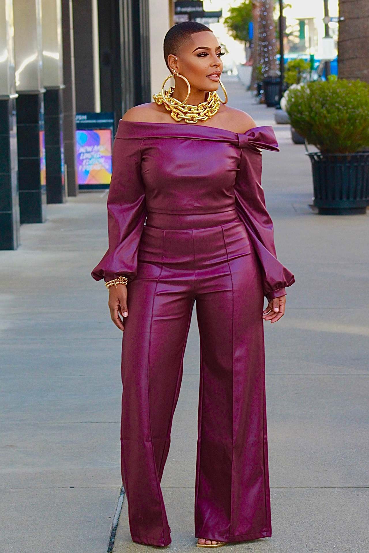 Women Style Off Shoulder PU-Leather Top and Pant two-piece set 3